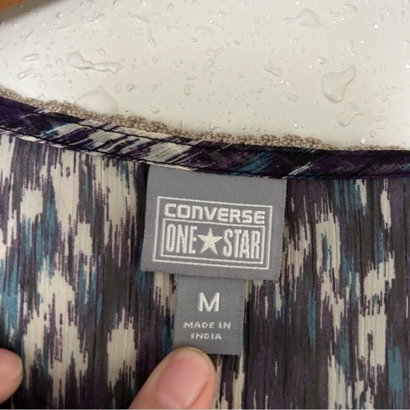🦋 Converse One Star Purple Cream Button Down Short Sleeve Sheer Blouse Medium - Picture 2 of 6